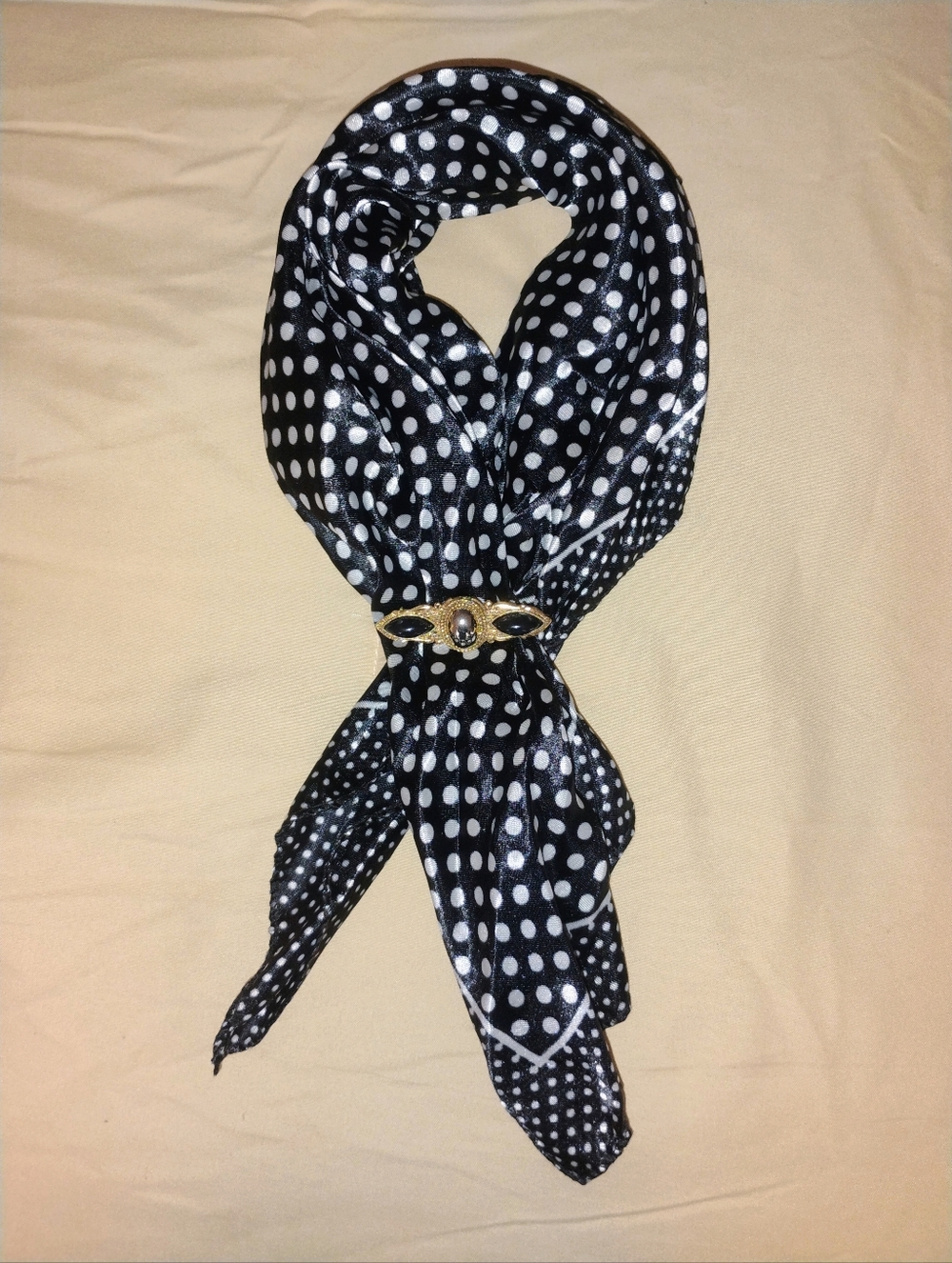 Black and White Polka Dot Scarf with Gold and Black  Brooch